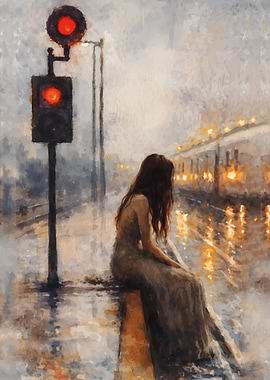 Woman waiting at a train station in the rain