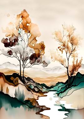 Abstract Watercolor Landscape with Trees