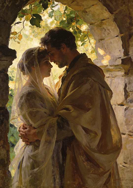 Couple embracing in stone archway