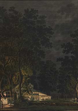 Nighttime Gathering at a Lit Building