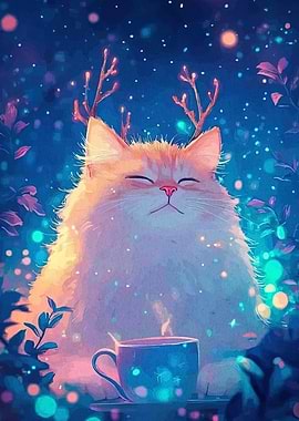 Cute Cat with Antlers and Tea