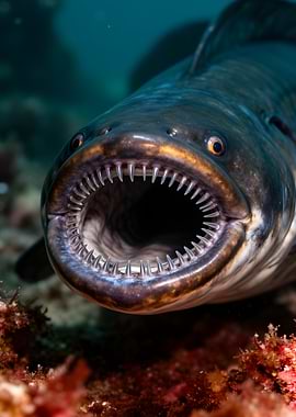 Fish with open mouth and sharp teeth