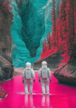 Astronauts in a surreal alien canyon