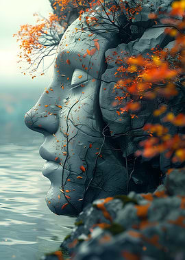 Stone Face with Autumn Foliage