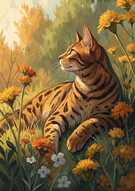 Bengal Cat in a Field of Flowers