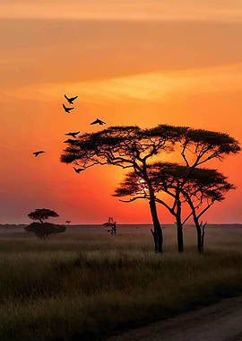 African Sunset with Acacia Trees and Birds
