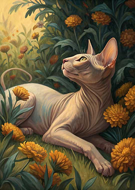 Sphynx Cat in a Floral Garden