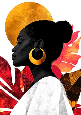 Black Woman with Golden Hoop Earrings and Tropical Leaves