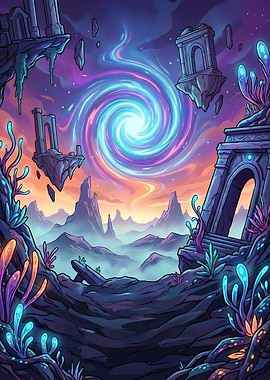 Mystical Cosmic Landscape with Floating Ruins