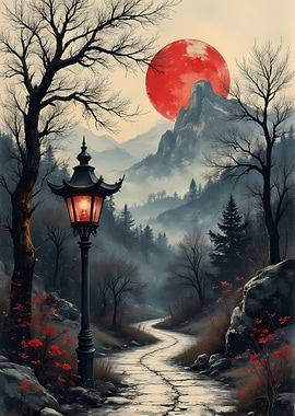 Mystical Mountain Path with Red Moon