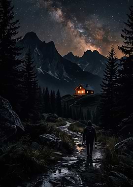 Man walking to a cabin under the Milky Way