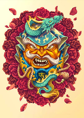 Fierce Daruma and Roses