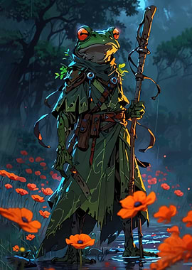 Frog Warrior with Staff in Poppy Field