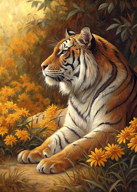 Tiger in a field of yellow flowers
