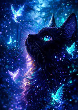 Enchanted Black Cat with Magical Birds