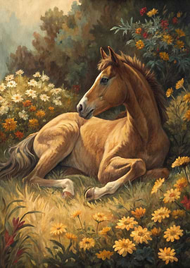 Foal Resting Among Flowers