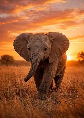 Baby elephant at sunset