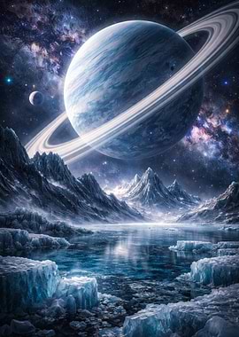 Alien Planet Landscape with Ringed Planet