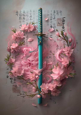 Dragon and Katana with Cherry Blossoms