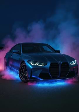 Blue BMW M4 with Neon Smoke