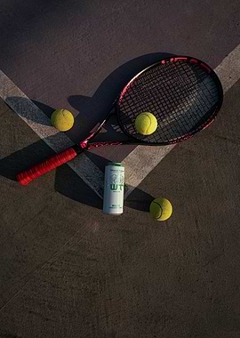 Tennis racket, balls, and drink on court