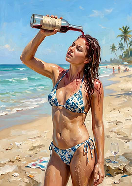 Woman pouring wine on head at beach