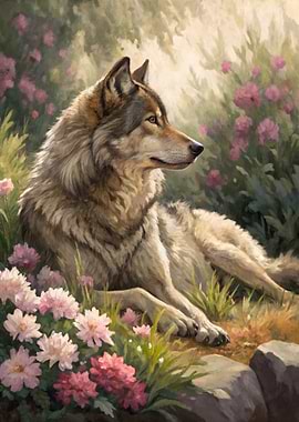 Wolf resting in a field of flowers