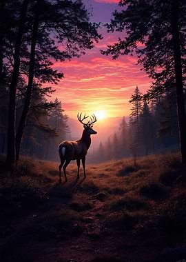 Majestic Deer at Sunset in Forest