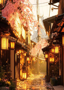 Japanese Street with Cherry Blossoms and Lanterns