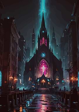Gothic Church in Neon City