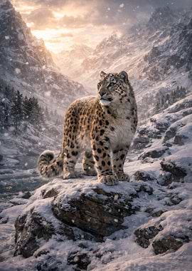 Snow Leopard in Snowy Mountains