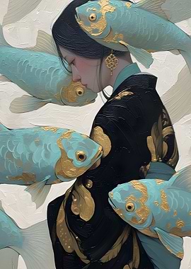 Woman with Koi Fish Painting