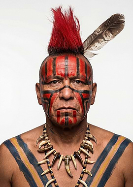 Indigenous Man with War Paint and Mohawk