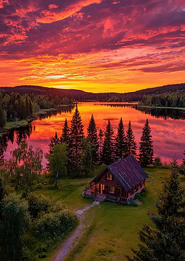 Cabin by the lake at sunset