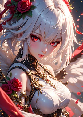 Anime Girl with Red Eyes and Roses