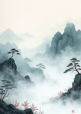 Misty Mountain Landscape with Pine Trees