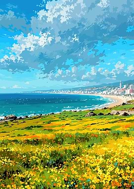 Coastal landscape with wildflowers and city