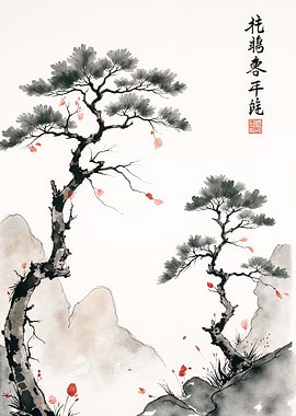 Japanese Pine Trees and Mountains