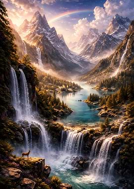 Majestic Mountain Landscape with Waterfalls and Rainbow