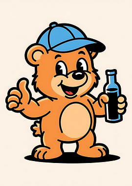 Cartoon Bear with Bottle and Thumbs Up