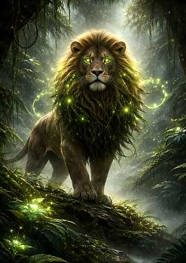 Mystical Lion in Enchanted Forest