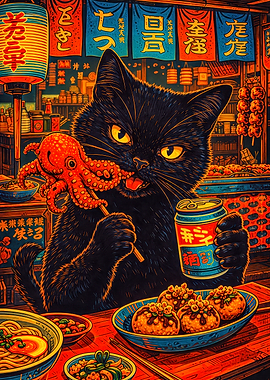 Black Cat Eating Octopus and Drinking Soda
