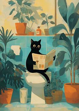 Black Cat Reading Newspaper on Toilet