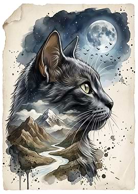 Cat with Mountains and the Moon Landscape