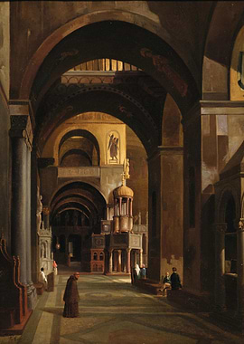 Interior of a grand church with monks