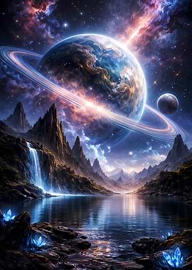 Alien Planet Landscape with Ringed Planet