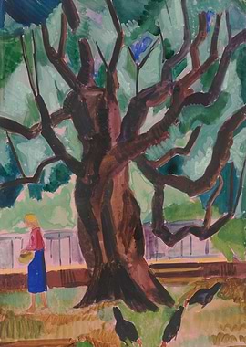 Woman and Chickens by a Tree