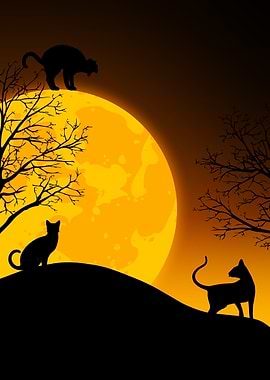 Halloween Cats Under a Full Moon