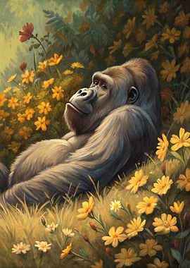 Gorilla resting in a field of flowers