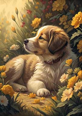 Puppy in a Field of Flowers